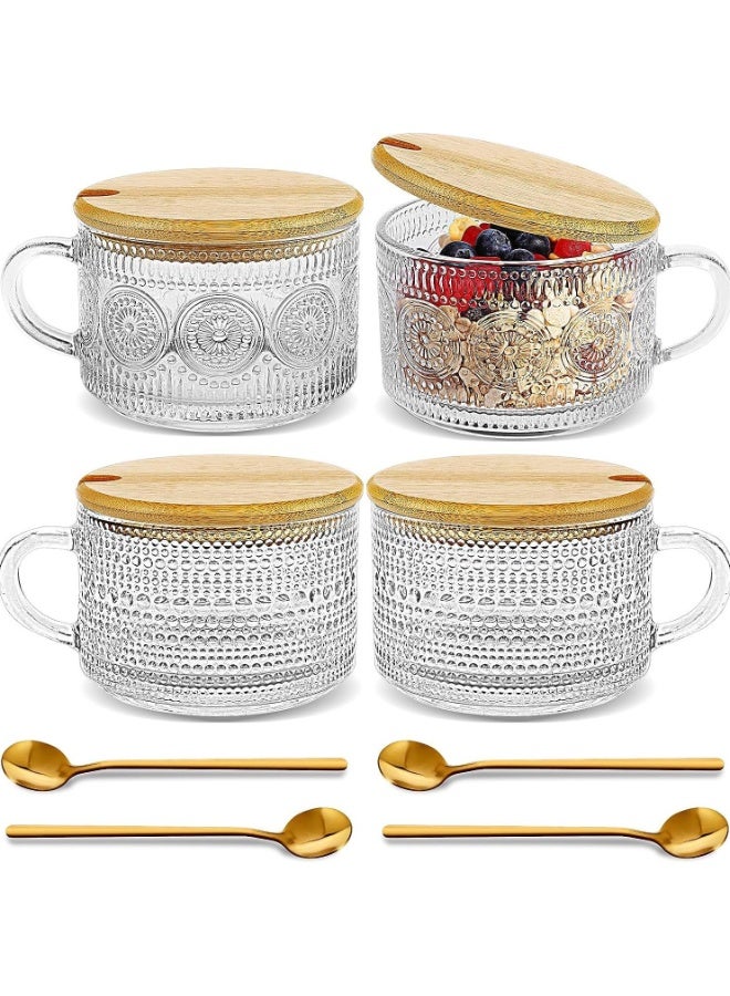 LODROC 4Pcs Vintage Coffee Mugs, Overnight Oats Containers with Bamboo Lids and Spoons - 14oz Clear Embossed Glass Cups, Stackable Breakfast Cups, Coffee Accessories - Women Gifts for Mother's Day, Valentine's Day, Christmas - Image 1